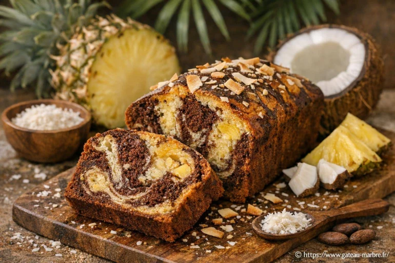Gâteau marbré ananas-coco et cacao : le tropique revisité en douceur