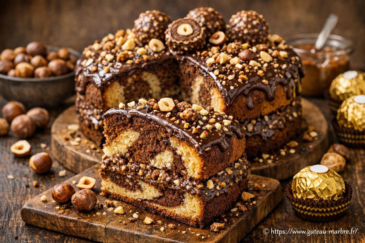 Gâteau marbré Ferrero Rocher : recette noisette et croustillant praliné